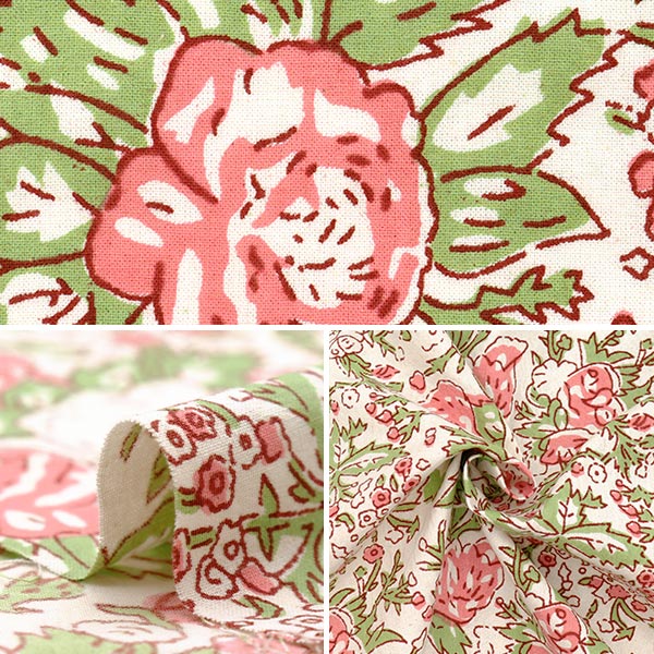 インド　ダブルサイズ　パッチワーク　ストーンウォッシュ×花柄 数量5から】 生地 『インドシーチングプリント 花柄 ベージュ×ピンク