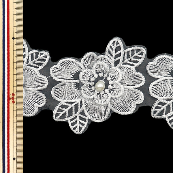 数量5から】 レースリボン 『刺繍オーガンジーフラワー グレー