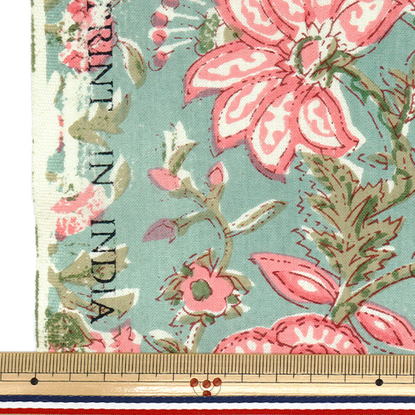 数量5から】 生地 『インドシーチングプリント 花柄 グリーン×ピンク