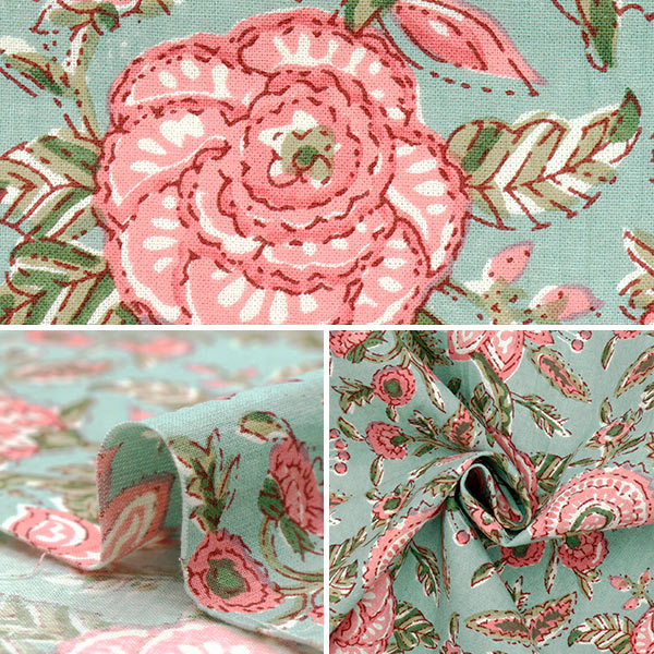 数量5から】 生地 『インドシーチングプリント 花柄 グリーン×ピンク