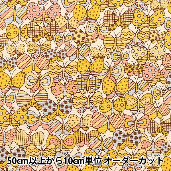 数量5から】 生地 『ツイルプリント 鳥とちょうちょ オレンジ KTS6953