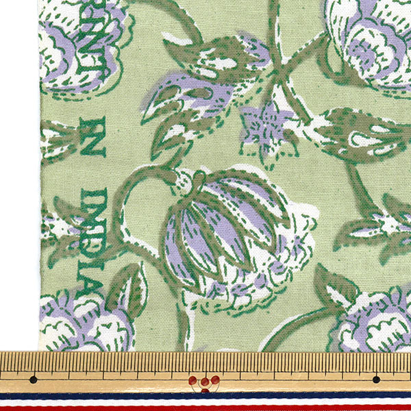 数量5から】 生地 『インドシーチングプリント 更紗 グリーン×パープル