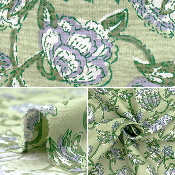 数量5から】 生地 『インドシーチングプリント 更紗 グリーン×パープル