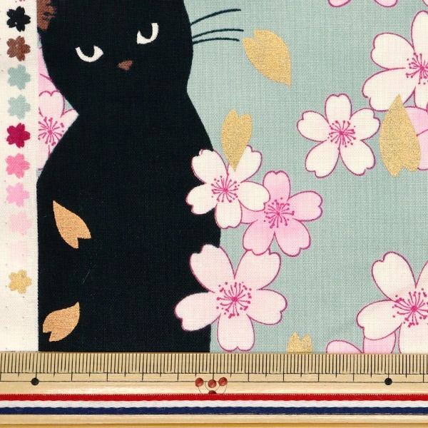 数量5から】 生地 『シーチング 百華繚蘭 黒猫と桜 サックス