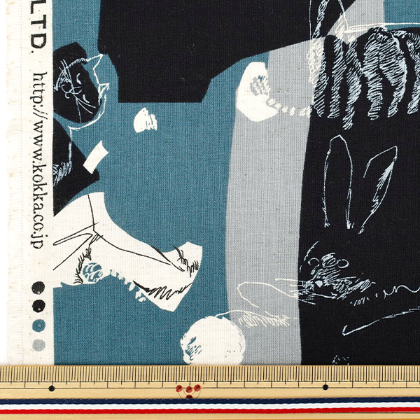 アデキ ユカ 作品C 数量5から】 生地 『綿麻シーチング ArtCAT ブルー YGA-86030-1A