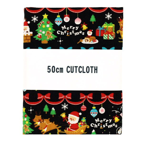 生地 『クリスマスプリント リボンボーダー 約110cm×50cm ブラック C