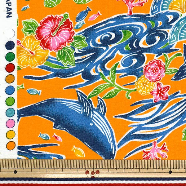 数量5から】 生地 『ブロード 紅型調 海の生き物 オレンジ AP52109-2B