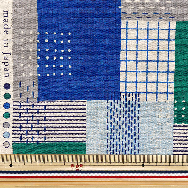 数量5から】 生地 『綿麻キャンバス 刺し子調パッチワーク ブルー