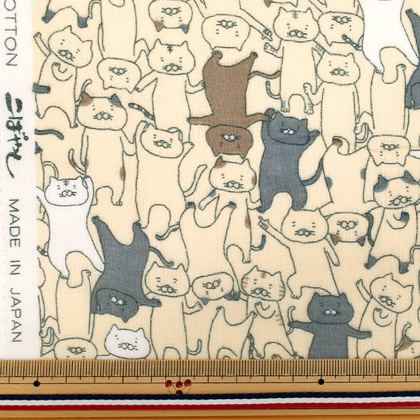 数量5から】 生地 『Wガーゼ ふにゃダンス猫 アイボリー KTS7124-A
