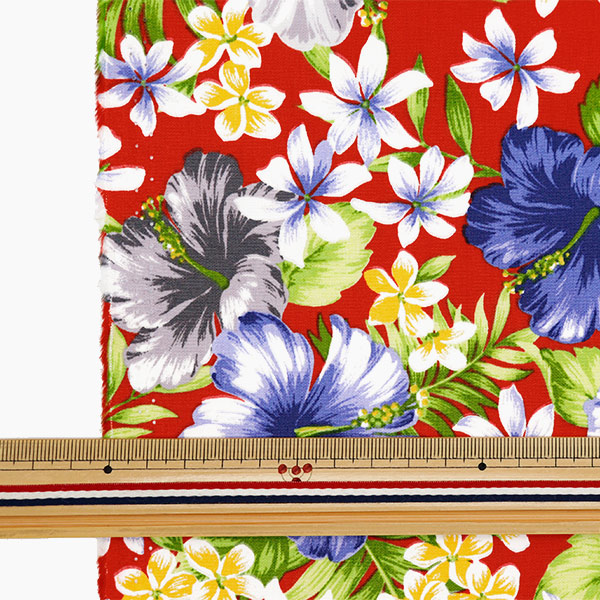 数量5から】 生地 『ブロード ハワイアンプリント ハイビスカス レッド  