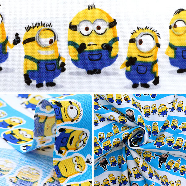 a × minions ミニオン柄スカート中古 数量5から】 生地『シーチング ミニオンズフィーバー ボーダー映画柄