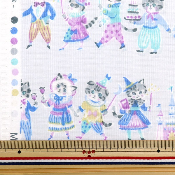 数量5から】 生地 『シーチング カラフルキャンバス 猫の舞踏会 ライト
