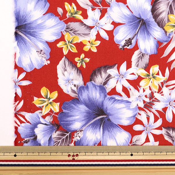 数量5から】 生地 『ブロード ハワイアンプリント ハイビスカス レッド