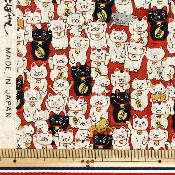 数量5から】 生地 『綿麻キャンバス まねき猫 アカ KTS7106-B』 COTTON