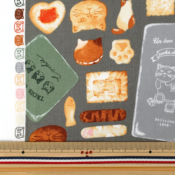 数量5から】 生地 『オックス ネコクッキー缶 ブラック 291064-E