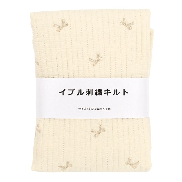 カット生地ベージュ刺繍 生地 『刺繍入りイブルキルト リボン 約65×70cm アイボリー