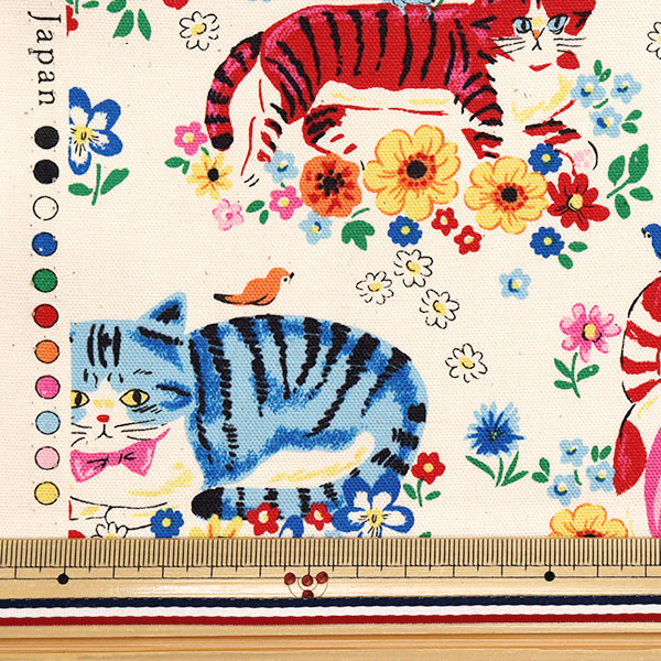 数量5から】 生地 『オックス パワフルアニマル 猫フラワー キナリ YGA