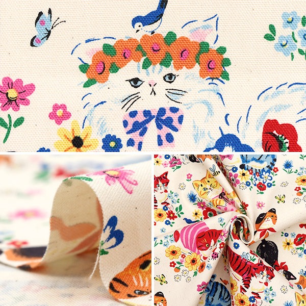 数量5から】 生地 『オックス パワフルアニマル 猫フラワー キナリ YGA