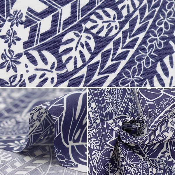 数量5から】 生地 『T/C ハワイアンプリント モンステラ ネイビー