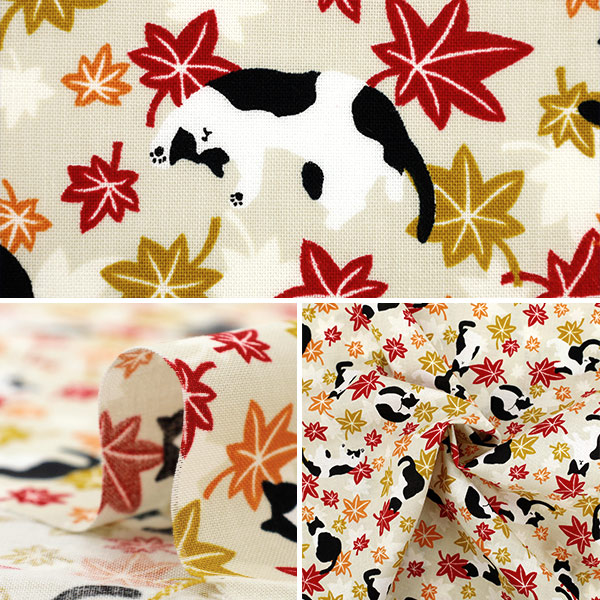 数量5から】 生地 『シーチング ハチワレ猫紅葉 アイボリー YZ55902-1A