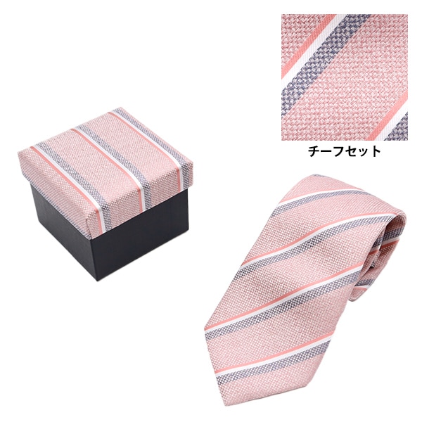 スーツ小物 『ネクタイ・チーフセット シルク100% ストライプ ピンク