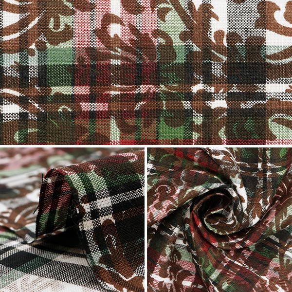 数量5から】 生地 『マドラスチェックプリント ダマスク エンジ×カーキ