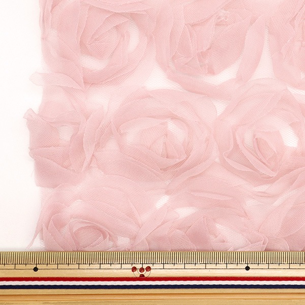 ピーチピンクローズ刺繍チュールレース1m J39チェリーピンクチュール