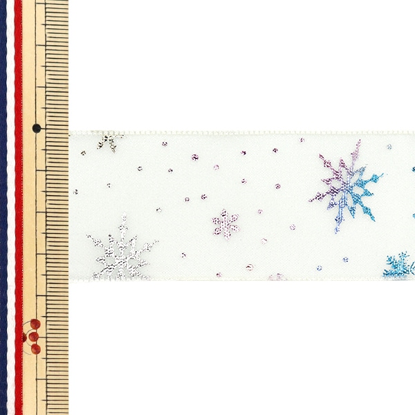 リボン 『オーガンジープリントリボン 雪の結晶 約幅38mm×長さ3m