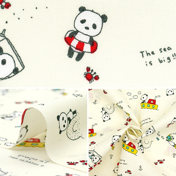 ゆう♡　パネル生地 数量5から】 生地 『シーチング 寝ぐせパンダの海水浴 ホワイト