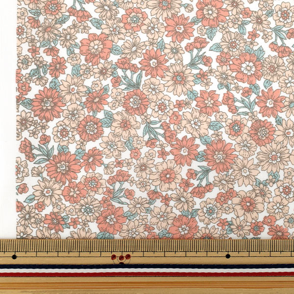 数量5から】 生地 『TCバチスト 小花柄 レッド×オレンジ AP4790-1B