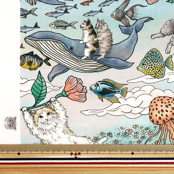 おとぎの国の猫と仲間たち 🐈🐳☁️🪼🐈‍⬛ とってもかわいい、ねこ達の柄に生地が入荷しま