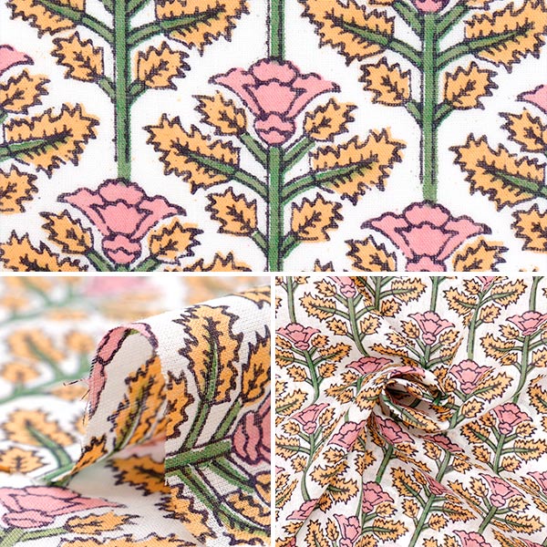 数量5から】 生地 『インドボイルプリント 花柄 オフ×ピンク RAM-BOI