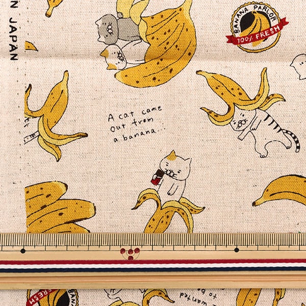 生地 『綿麻キャンバス バナナネコ 約110×50cmカットクロス C-KTS6496