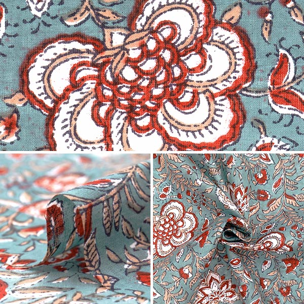 数量5から】 生地 『インドボイルプリント 更紗 グレー×レッド