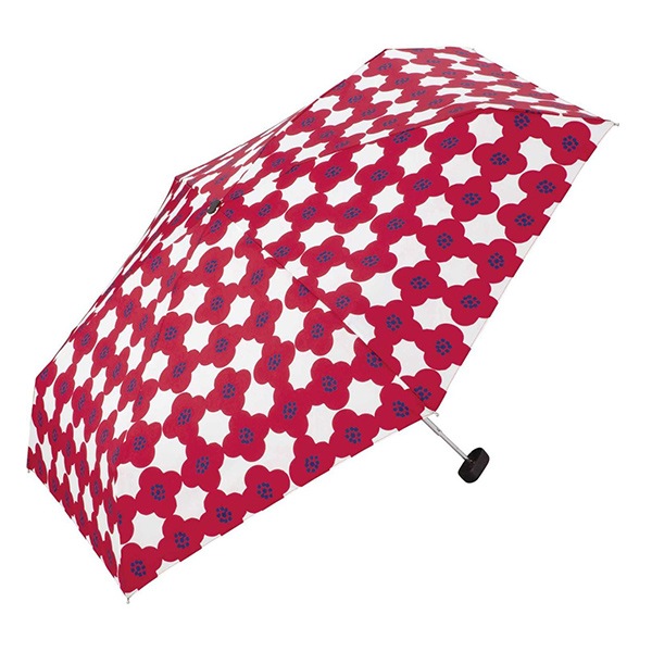 カメリア柄 折りたたみ傘 晴雨兼用 ゴムブレスレット2個ツキ 雨具 『折りたたみ傘 カメリアmini 50cm レッド 436-155』 wpc