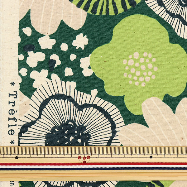 数量5から】 生地 『綿麻シーチング メイクスカート 大花柄 グリーン