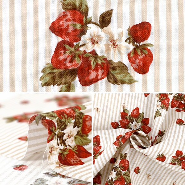 数量5から】 生地 『シーチング ストロベリーストライプ アイボリー