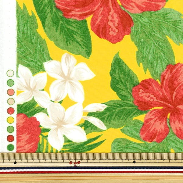 数量5から】 生地 『TCハワイアンプリント ハイビスカス 黄色×赤 R9008
