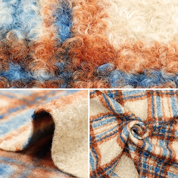 数量5から】 生地 『カーリーウールライク ブラウンブルーチェック