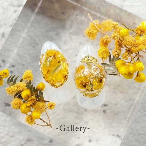 レジンヘアゴム 大ぶり 勿忘草 ミモザ ナチュラル 金箔 三角