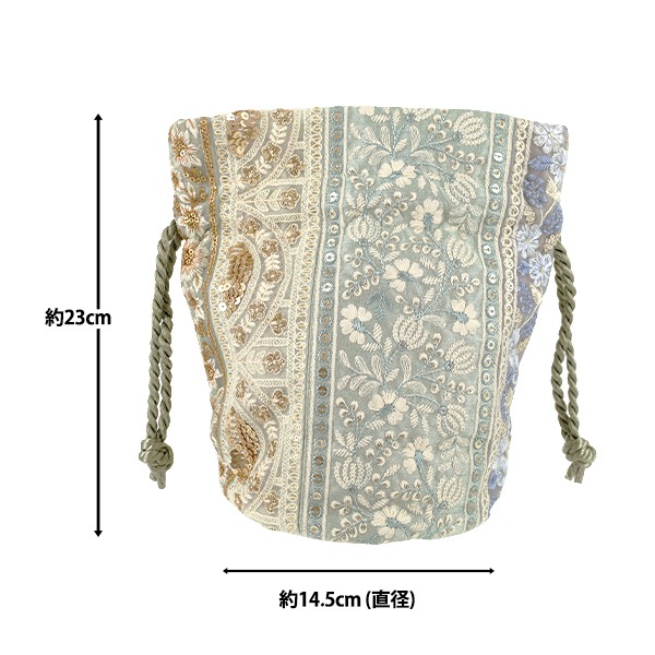 バッグ 『インド刺繍巾着バッグ 約縦23×マチ(直径)14.5cm IKB-08