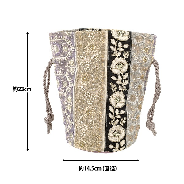 バッグ 『インド刺繍巾着バッグ 約縦23×マチ(直径)14.5cm IKB-10