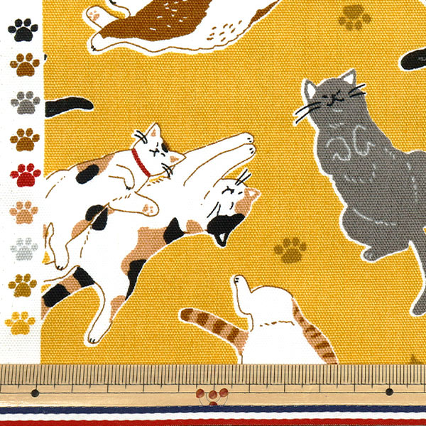 数量5から】 生地 『オックス へそ天にゃんこ イエロー AP52903-2A