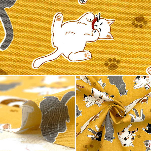 数量5から】 生地 『オックス へそ天にゃんこ イエロー AP52903-2A