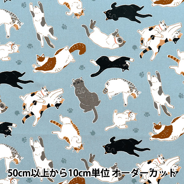 数量5から】 生地 『オックス へそ天にゃんこ ネイビー AP52903-2E