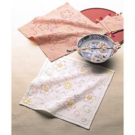 刺しゅうキット 『刺し子キット 花ふきん 桜と角七宝 (渋ピンク