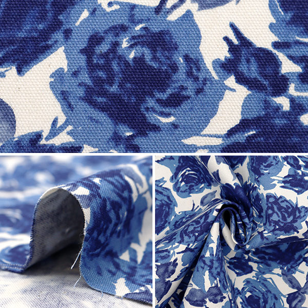 数量5から】 生地 『NOVA オックス 水彩バラ総柄 ブルー NOX-TOFL-BL