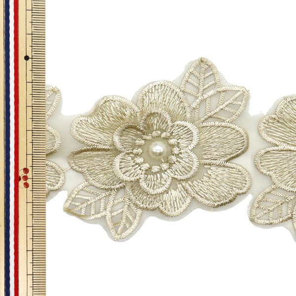 数量5から】 レースリボン 『刺繍オーガンジーフラワー カーキ DCL2443