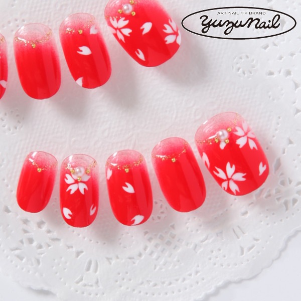 デザインネイルチップ つけ爪ゆずネイル ネイルチップ レッド系 桜 梅 春 シンプル 桜 成人式 振袖 卒業式 袴 B R Cred の販売 ゆずネイル公式通販