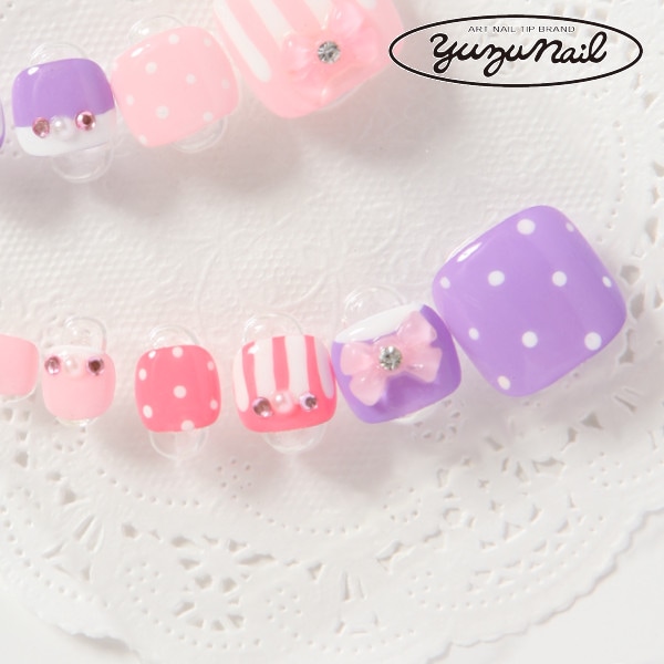 ゆずネイル｜ネイルチップ  ピンク系 パープル系 フレンチ・ブロッキング ボーダー・ストライプ・ドット リボン デート（A01480-P-PK4）